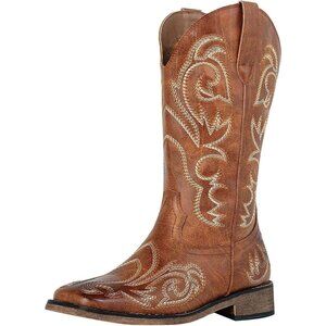 SheSole Western Boots Women's Brown Tan Faux Leather Square Toe Wide Mid Calf
